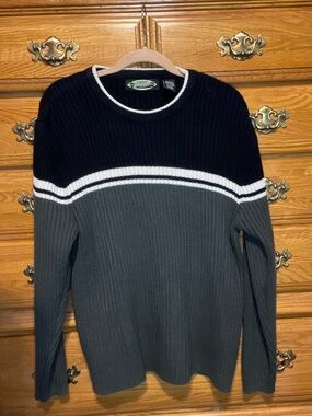 Ribbed Crewneck Sweater in Black and Gray with White Stripe